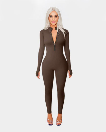 Ribbed Long Sleeve Front Zip Jumpsuit