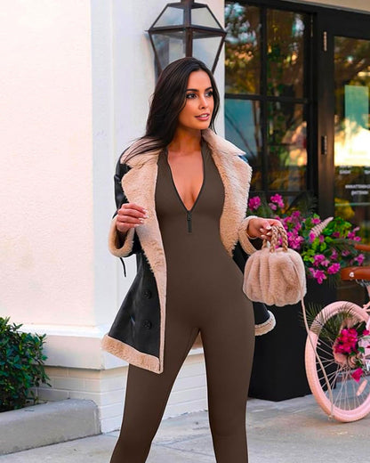 Ribbed Long Sleeve Front Zip Jumpsuit