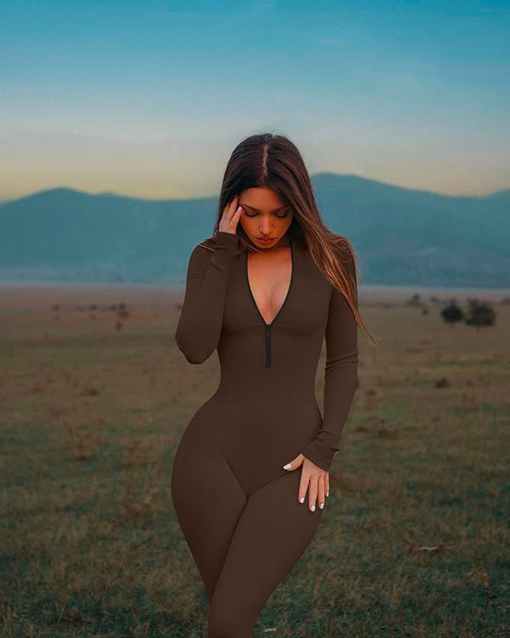 Ribbed Long Sleeve Front Zip Jumpsuit