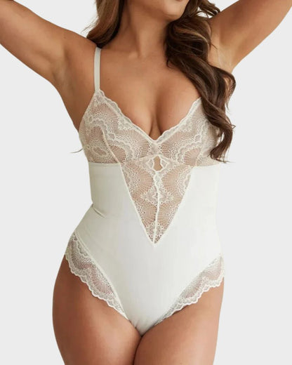 Deep-V Neck Lace Thong Bodysuit