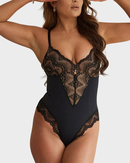 Deep-V Neck Lace Thong Bodysuit