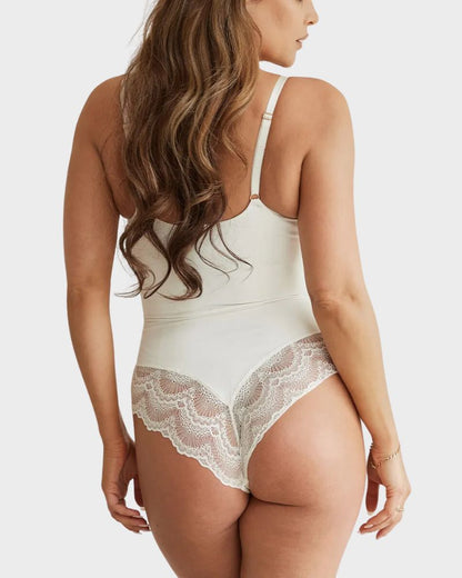 Deep-V Neck Lace Thong Bodysuit